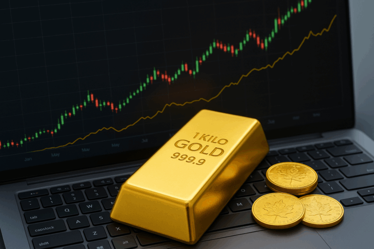 Un lingot et des pièces d’or posés sur un graphique boursier affichant le cours de l’or en 2025.