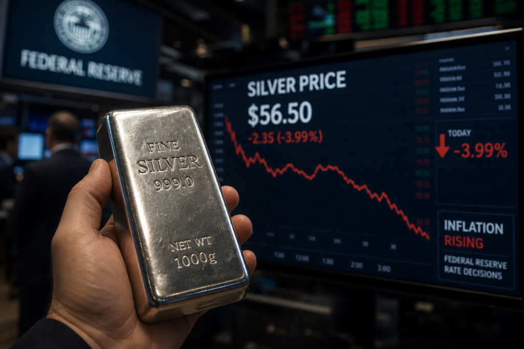 L’argent recule à 56,50 dollars sous la pression de la Fed et de l’inflation américaine