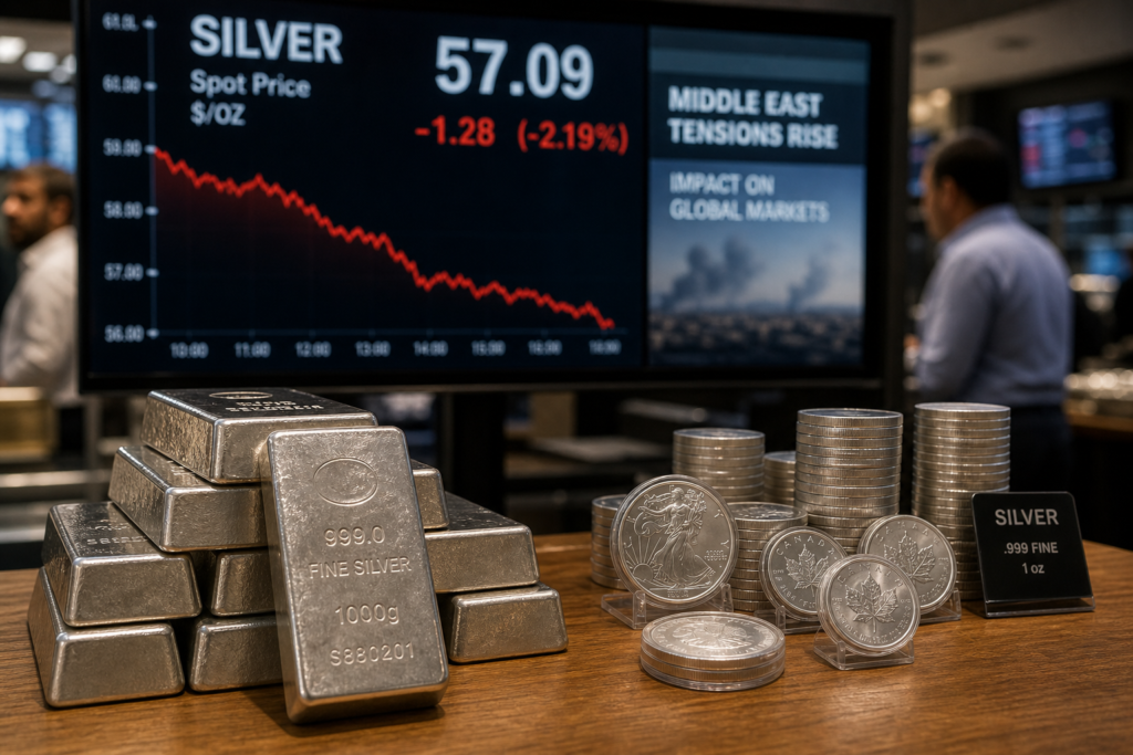 Le cours de l’argent recule vers 57 dollars sous la pression du Moyen-Orient Le cours de l’argent recule vers 57 dollars sous la pression du Moyen-Orient