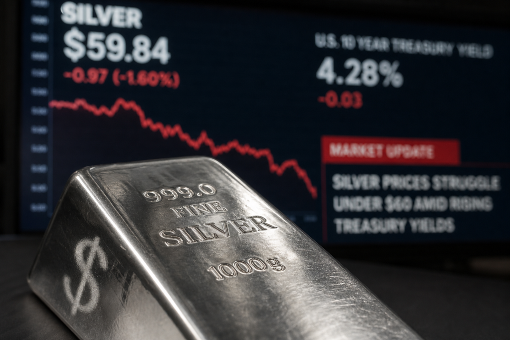 Le cours de l’argent bute sous 60 dollars, freiné par les rendements américains Le cours de l’argent bute sous 60 dollars, freiné par les rendements américains