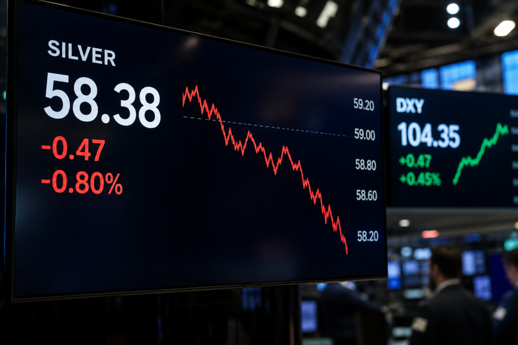 Le cours de l’argent chute sous 58,40 dollars avec le rebond du dollar Le cours de l’argent chute sous 58,40 dollars avec le rebond du dollar